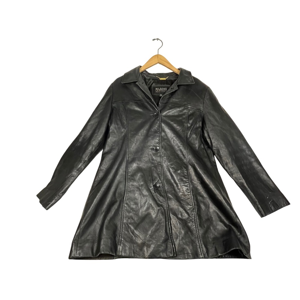Wilsons Leather Pelle Studio Black Leather Jacket Coat XL Button Front Trench